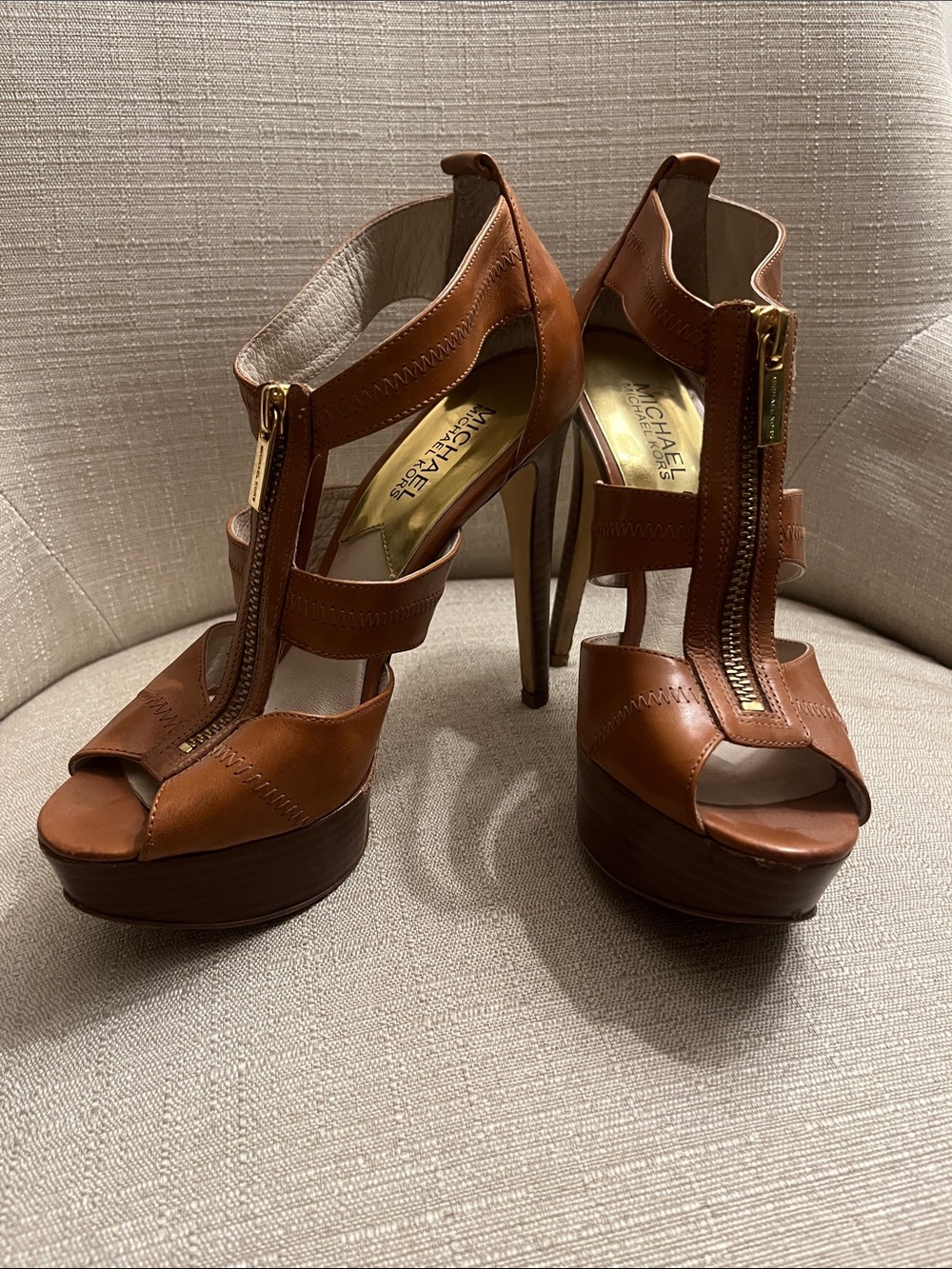 Michael Kors Women's Tan Leather Zip Platform Heels